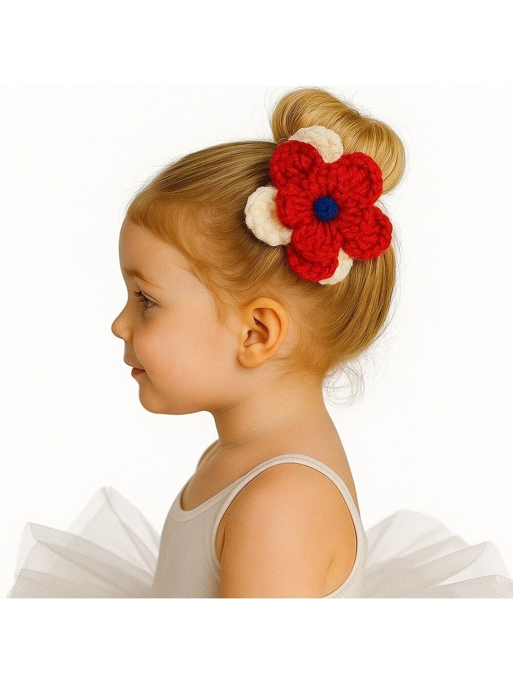 Handmade Red and White Crochet Flower Hair Accessory Hand Crafted 3-D Floral 6"